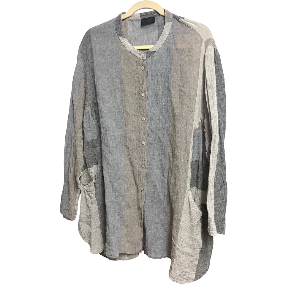 Q'Neel Nordic Design Striped Button Down Lagenlook Grey Tunic Linen Blend 20